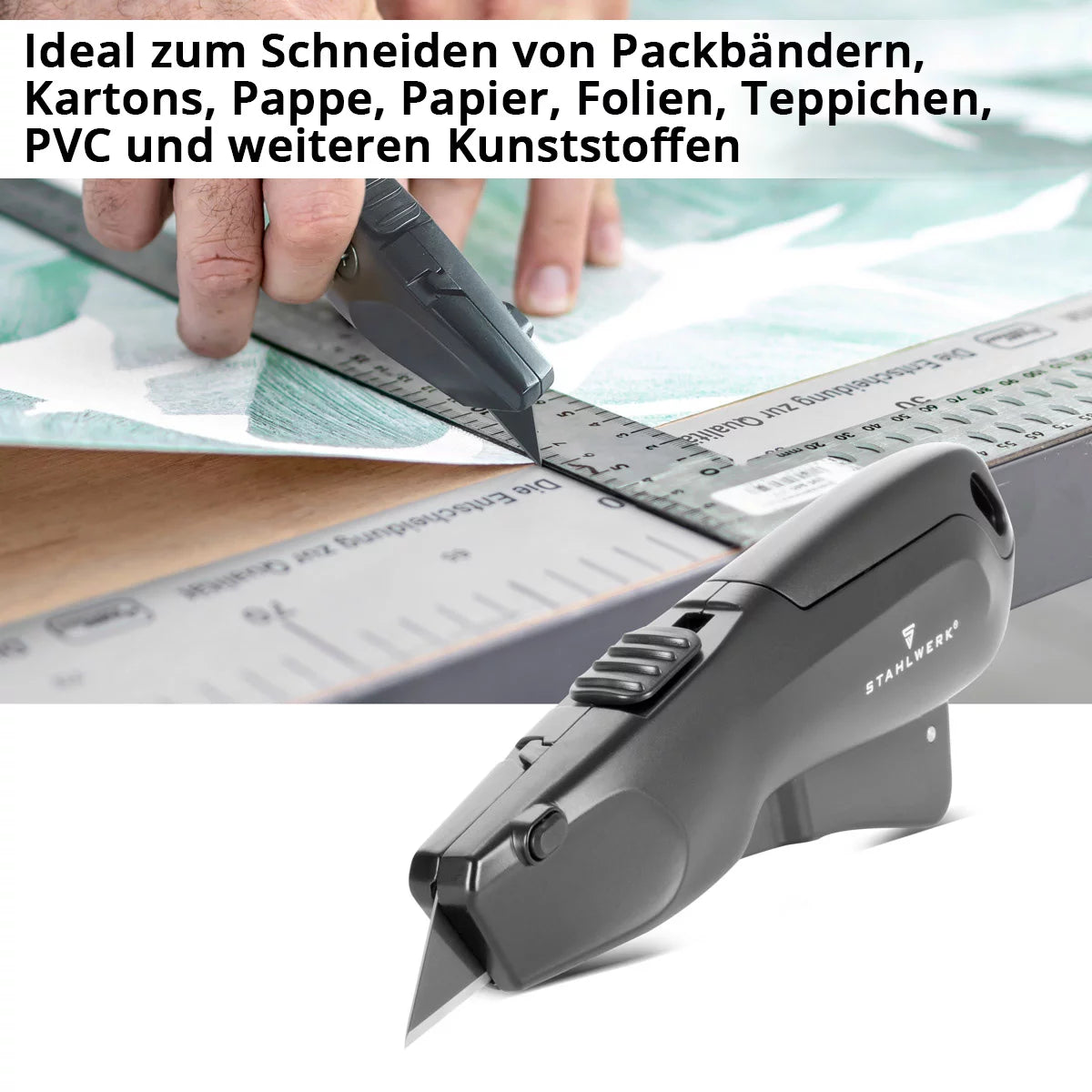 STAHLWERK Cuttermesser UCM-19 ST mit Schnellwechsel-Klinge, automatischem Klingenrückzug und Sicherheitsverriegelung Profi Cutter | Teppichmesser | Sicherheitsmesser | Paketmesser | Kartonmesser