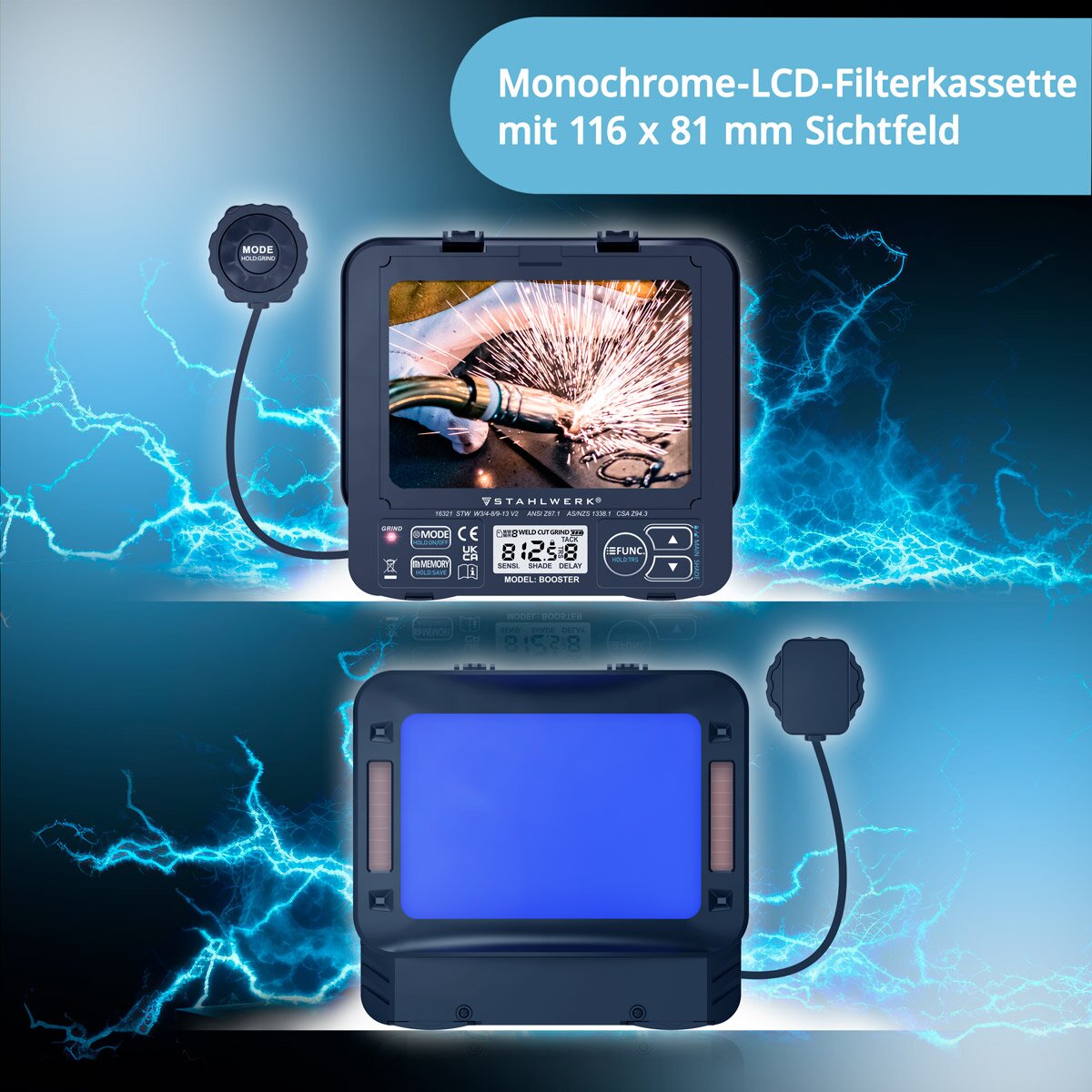 Booster de soudage automatique d'acierworks Casque de soudage 3-en-1 | Masque de soudeur avec lecture couleur True-Color-Lech, mémoire de travail, Din Din 4 à DIN 13 et optique 1/1/1/2