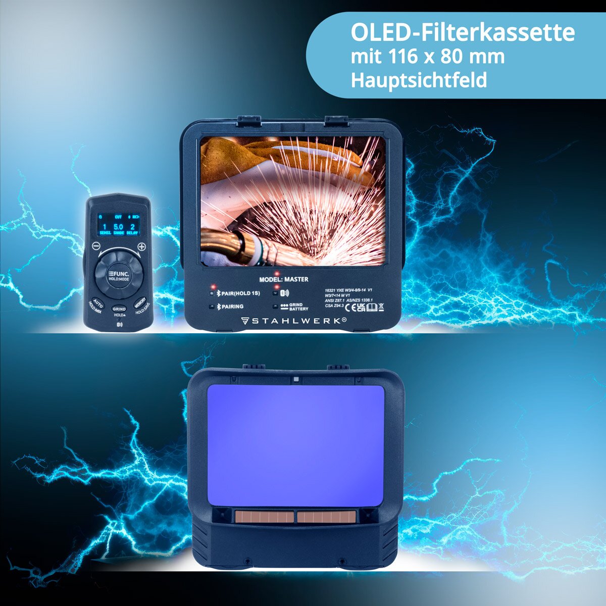 STAHLWERK Automatik-Schweißhelm MASTER 3-in-1 mit Fernbedienung, klappbarem Visier, True-Colour-Echtfarbwiedergabe, Jobspeicher, automatischer Abdunkelung DIN 4 bis DIN 14 und Optischer Klasse 1/1/1/1