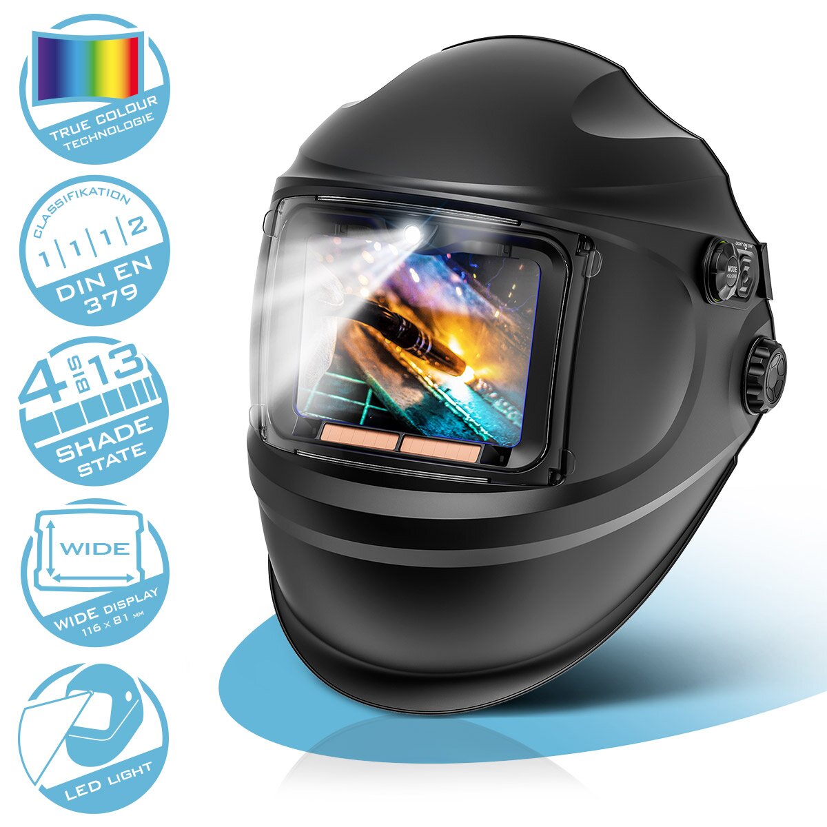 STAHLWERK Automatik-Schweißhelm RAPTOR 3-in-1 Schweißermaske mit LED-Licht, True-Colour-Echtfarbwiedergabe, Jobspeicher, automatischer Abdunkelung DIN 4 bis DIN 13 und Optischer Klasse 1/1/1/2