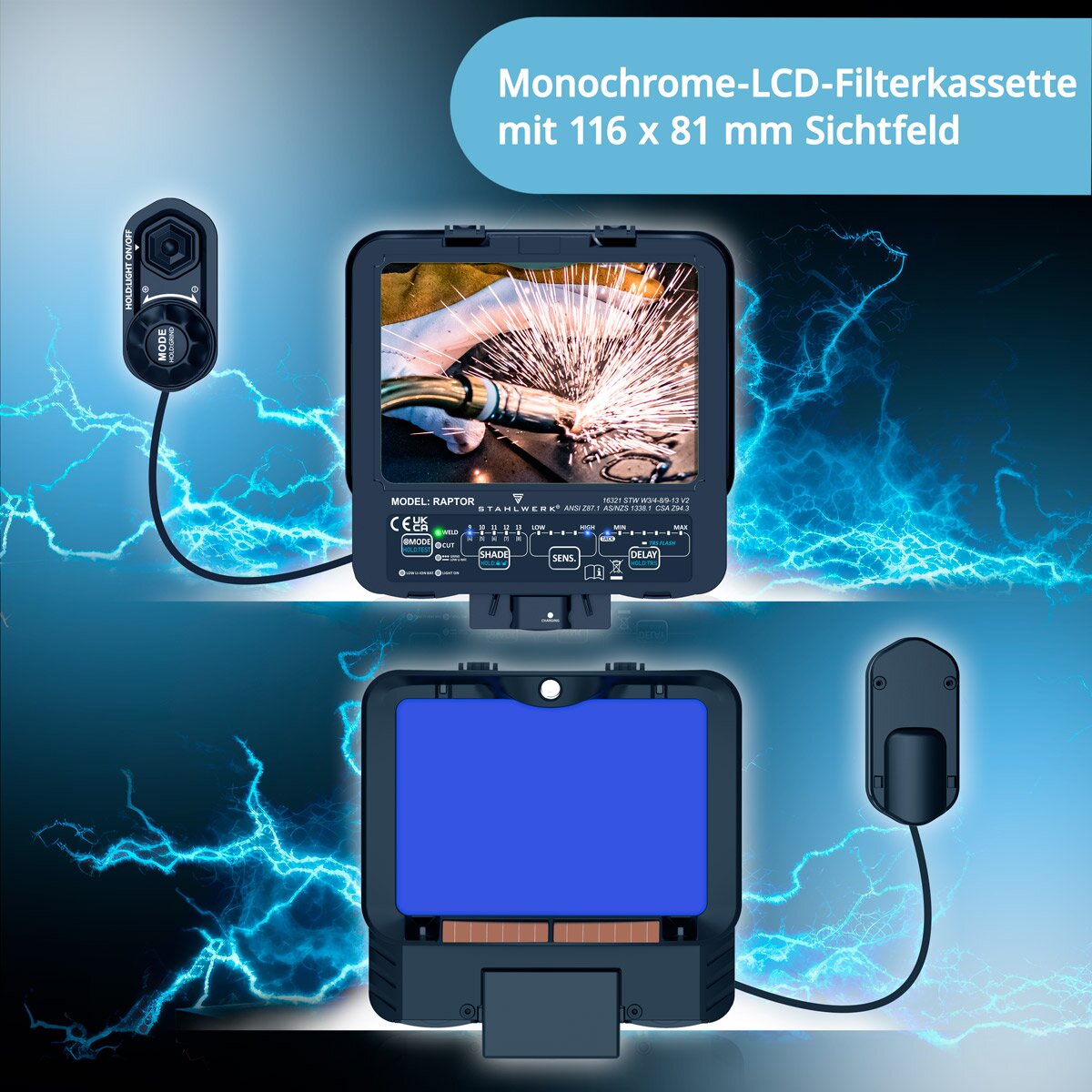 STAHLWERK Automatik-Schweißhelm RAPTOR 3-in-1 Schweißermaske mit LED-Licht, True-Colour-Echtfarbwiedergabe, Jobspeicher, automatischer Abdunkelung DIN 4 bis DIN 13 und Optischer Klasse 1/1/1/2