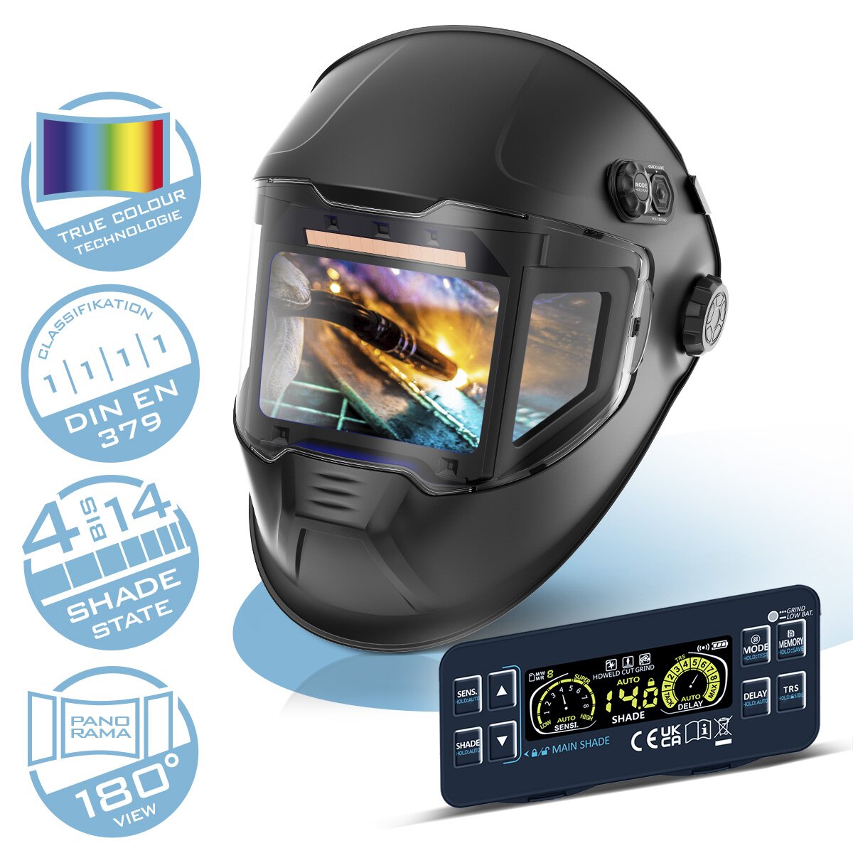 STAHLWERK Automatik-Schweißhelm SPLIT 3-in-1 Schweißhelm mit 180° Sichtfeld, LCD-Farbdisplay, True-Colour-Echtfarbwiedergabe, Jobspeicher, automatischer Abdunkelung DIN 4 bis DIN 14 und Optischer Klasse 1/1/1/1