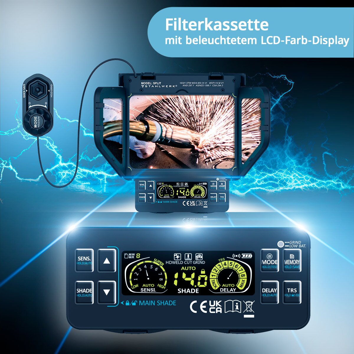 STAHLWERK Automatik-Schweißhelm SPLIT 3-in-1 Schweißhelm mit 180° Sichtfeld, LCD-Farbdisplay, True-Colour-Echtfarbwiedergabe, Jobspeicher, automatischer Abdunkelung DIN 4 bis DIN 14 und Optischer Klasse 1/1/1/1