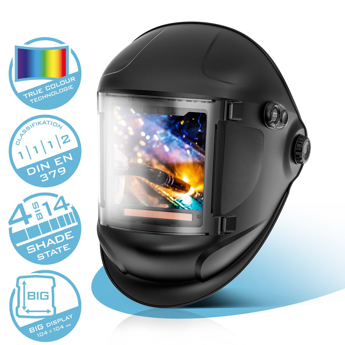 Casque de soudage automatique de l'acier Titan Titan Casque de soudage 3-en-1 | Masque de soudage avec lecture couleur True-Color-Lech, mémoire du travail, Din Din 4 à DIN 14 et optique 1/1/1/1