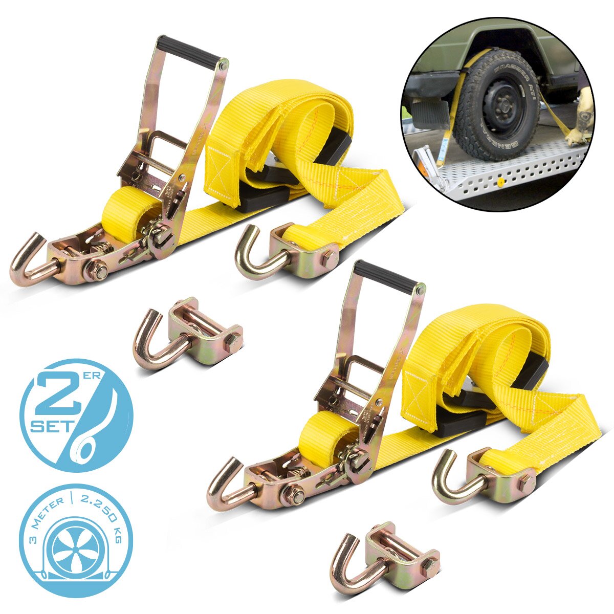 STAHLWERK Radsicherung TRS-50 ST 2er Set 3 m x 50 mm 2.250 kg Reifen-Ratschengurt | Spanngurt | Zurrgurt | Transportgurt | Reifengurt | Kfz Radspanngurt mit Ratschen-Funktion für den Autotransport