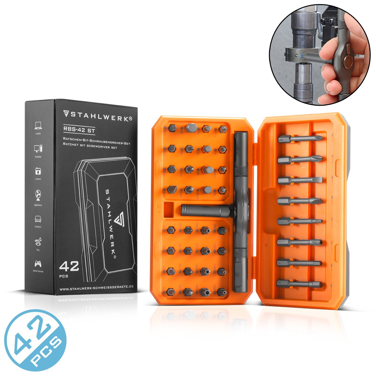 STAHLWERK Ratschen-Schraubendreher-Bit-Set RBS-42 ST 42-teilig Ratsche | Ratschenschlüssel | Steckschlüssel | Ratschen-Schraubenzieher mit T-Griff und umfangreichem Bit-Satz