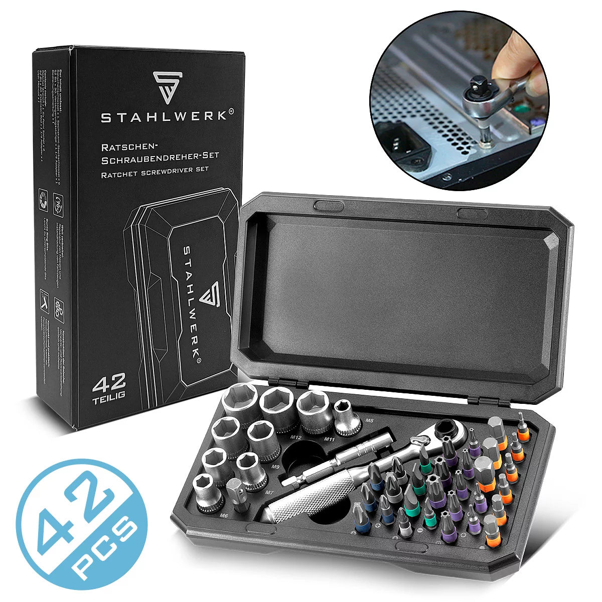 Ensemble de rotation en rattrapage Steelworks | Bit de 42 parties et clés à douille avec une fissure de commutation en chroma vanadium | Clés à cliquet | Ensemble Schraupener, y compris la boîte de transport