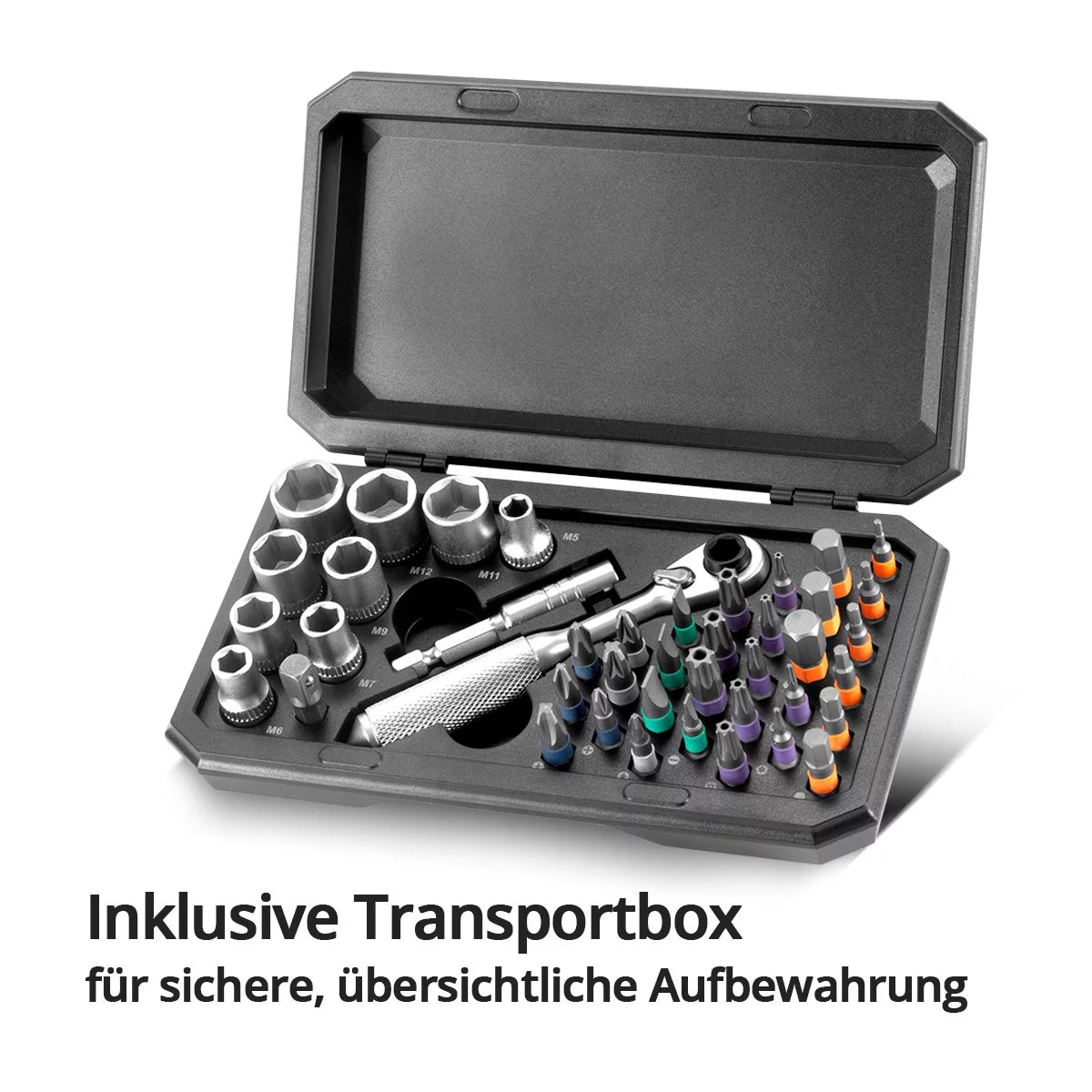 Ensemble de rotation en rattrapage Steelworks | Bit de 42 parties et clés à douille avec une fissure de commutation en chroma vanadium | Clés à cliquet | Ensemble Schraupener, y compris la boîte de transport