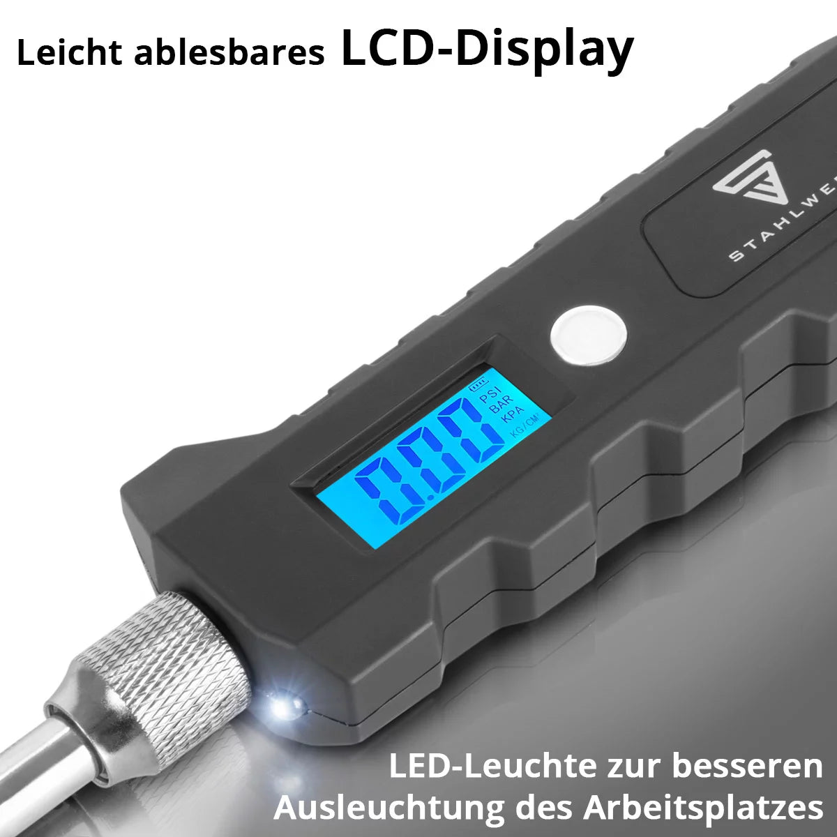STAHLWERK Digitales Reifendruckmessgerät | Luftdruckprüfer mit LCD-Display | Druckmesser 3-250 PSI | Reifendruckmesser für PKW SUV KFZ Fahrrad