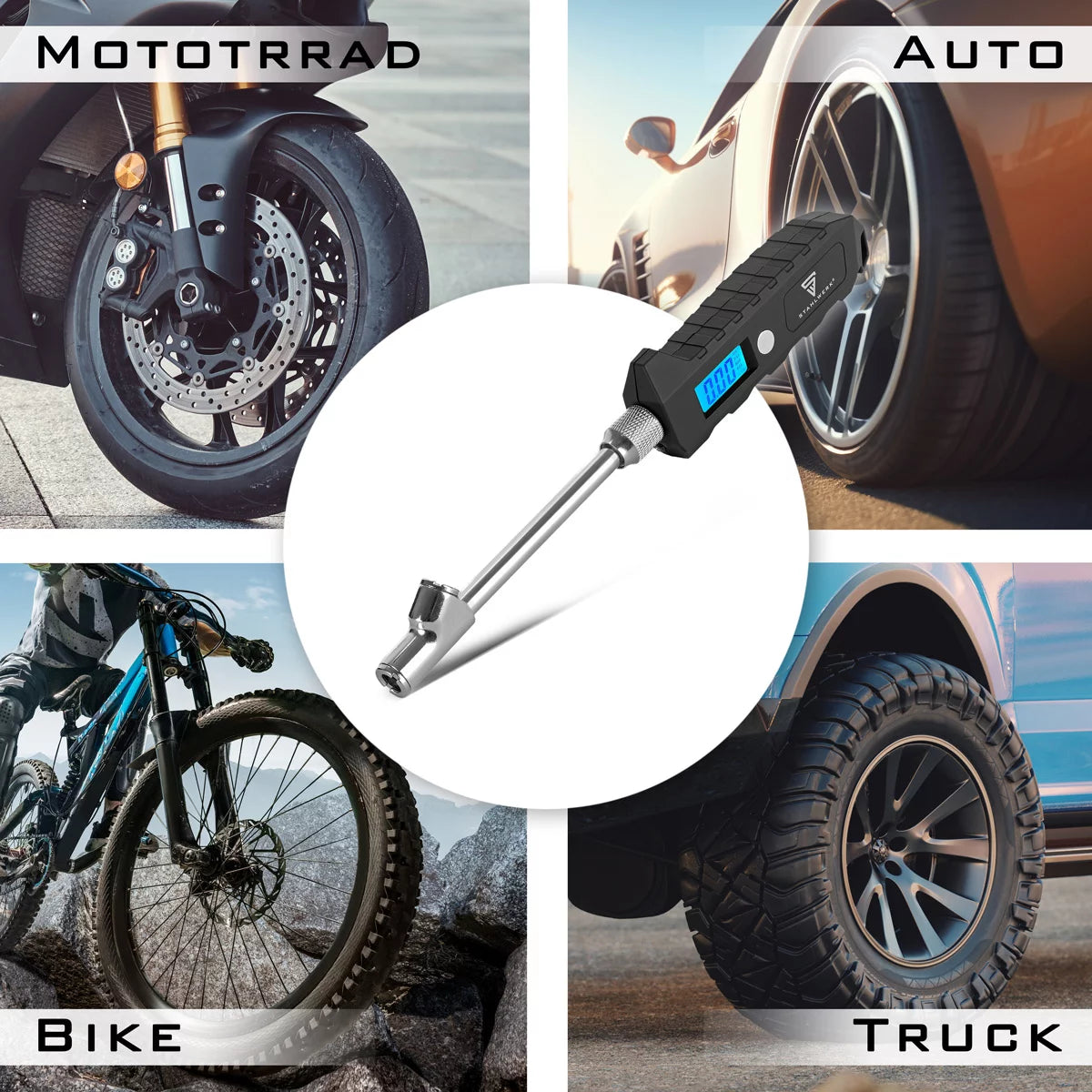 STAHLWERK Digitales Reifendruckmessgerät | Luftdruckprüfer mit LCD-Display | Druckmesser 3-250 PSI | Reifendruckmesser für PKW SUV KFZ Fahrrad