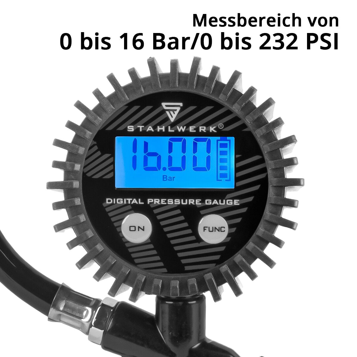 STAHLWERK Digitale Druckluft-Reifenfüllpistole DRD-16 ST | Druckluft Reifenfüller mit digitalem Manometer | Reifendruckprüfer für PKW, LKW, Motorrad, Fahrrad | Messbereich 0-16 Bar / 0-232 PSI