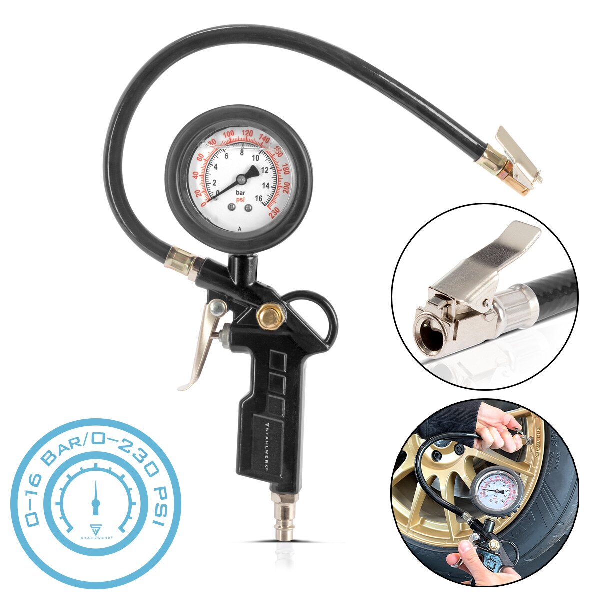 Steelworks compressed air tire pistol DRA-161 ST | Compressed air tire filler with manometer | 2-in-1 tire pressure tester for cars, trucks, motorcycle, bicycle | Measuring range 0 to 16 bar/ 0 to 230 PSI