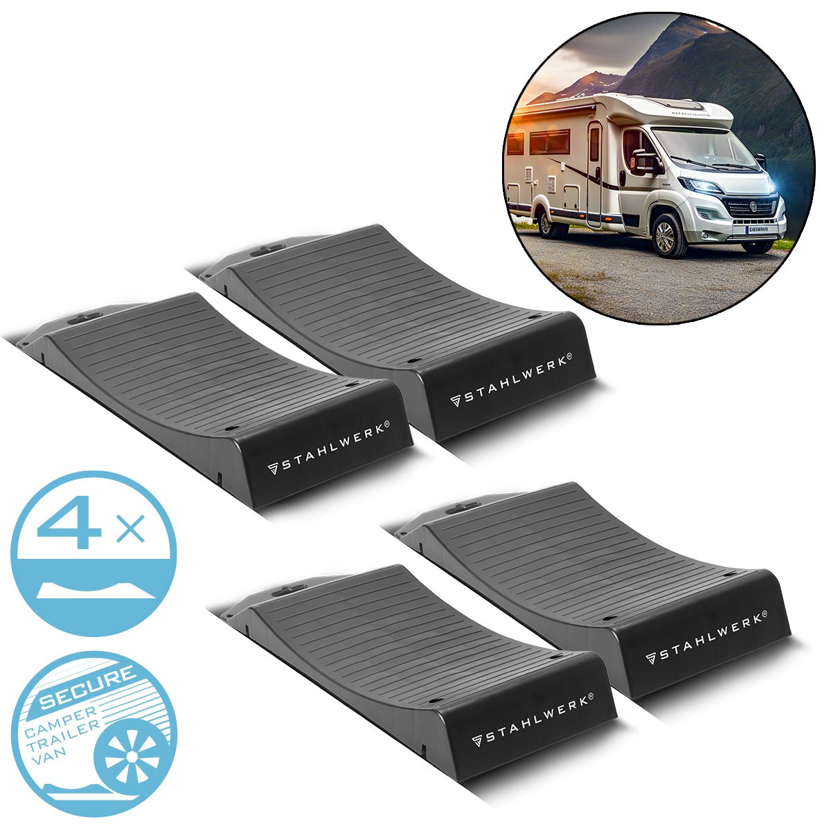 Protector de neumáticos Steelworks GT-18 ST 4 Conjunto con 2.7 T Capacidad de carga Cuna de neumáticos | Zapatos de neumáticos | Hind -Up | Cuña legal para automóviles, autocaravana, campamento móvil, autocaravana, caravana o caravana