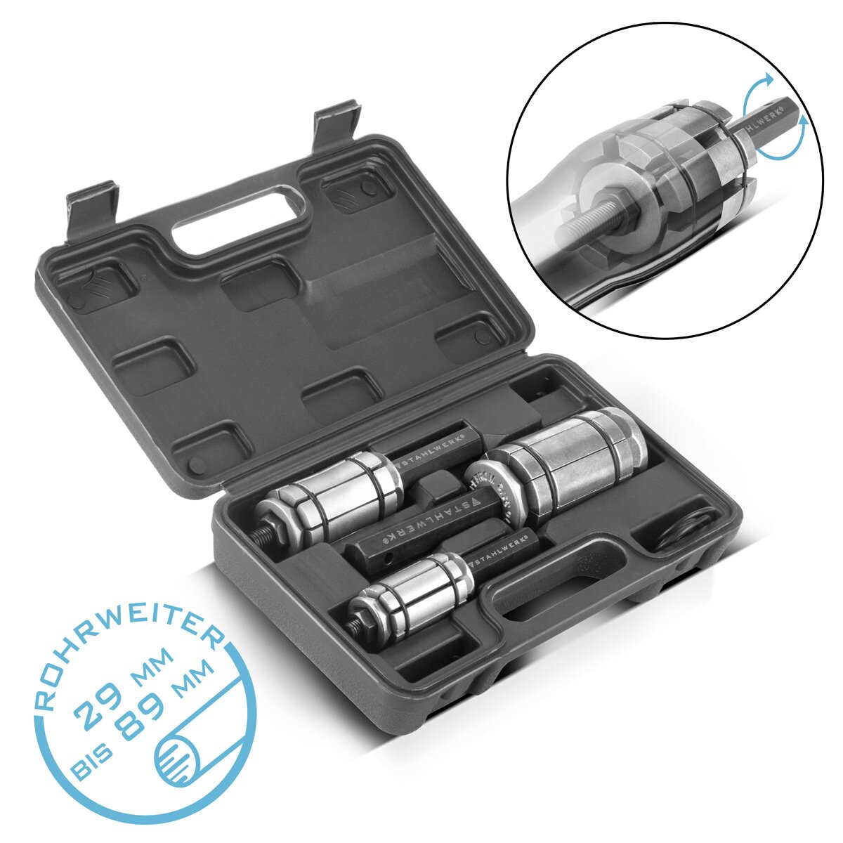 Set di tubi per tubo di lavoro in acciaio 29-89 mm set di rivolta del tubo di scarico in 3 parti | Rohrexpander | Pipe di scarico ex | Distruttore di tubi | Veicolo a motore per sistemi di scarico