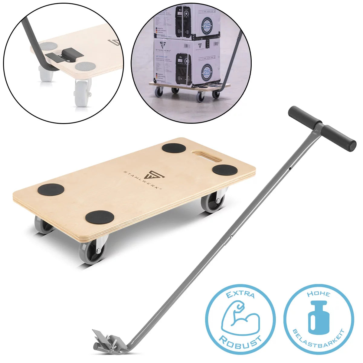 STAHLWERK Rollwagen TRS-250 ST mit Handgriff 250 kg Tragkraft und gummierten Lenkrollen 58 x 29 cm Plattformwagen | Transportwagen | Möbelroller | Rollbrett | Handwagen | Transportroller