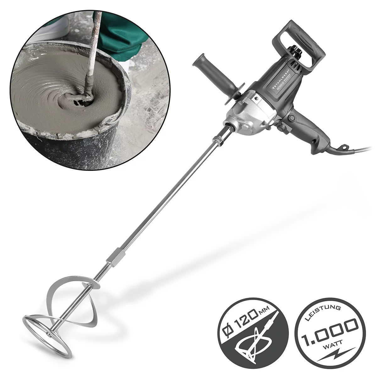 STAHLWERK agitator RW-1000 ST | 1,000 W and 550 rpm | Speed control and right-left rotation | Electric mortar stirrer | Concrete mixer | Paint stirrer | Color mixer | Hand mixer | Hand mixer