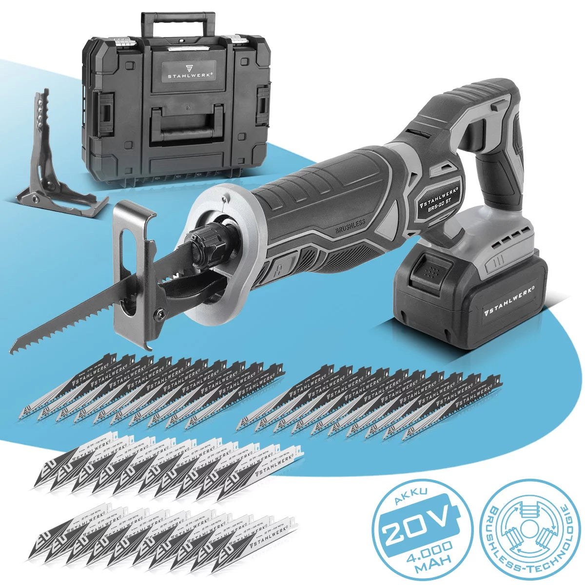 STAHLWERK Brushless-Akku-Säbelsäge BRS-20 ST | 20 Volt Universalsäge | 4 Ah Li Ion Akku | 40 Ersatzblätter (20 x Holz, 20 x Metall) | Schnellspannfutter | Hublänge 28 mm | 0-2.600 U/min