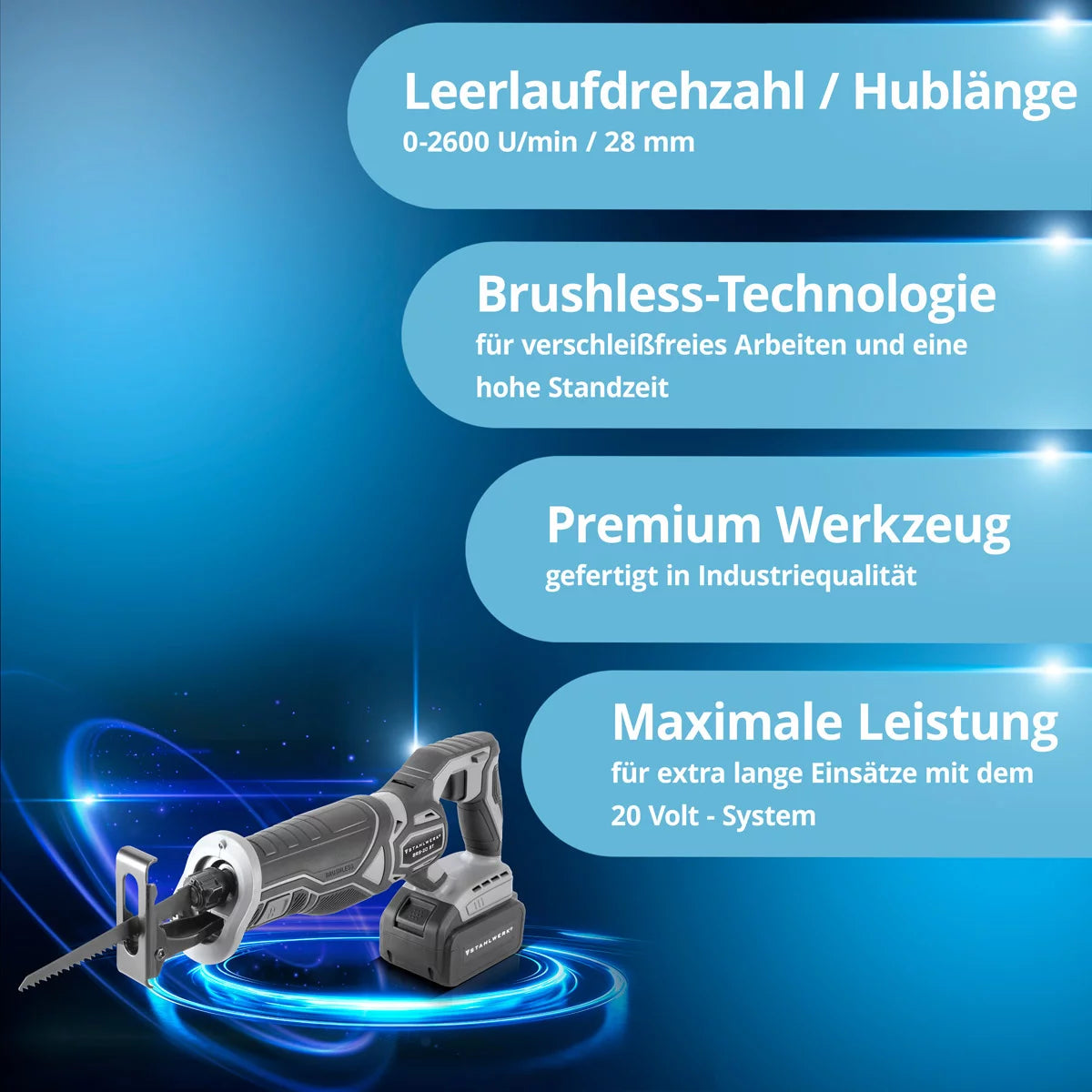 STAHLWERK Brushless-Akku-Säbelsäge BRS-20 ST | 20 Volt Universalsäge | 4 Ah Li Ion Akku | 20 Ersatzblätter (10 x Holz, 10 x Metall) | Schnellspannaufnahme | Hublänge 28 mm | 0-2.600 U/min