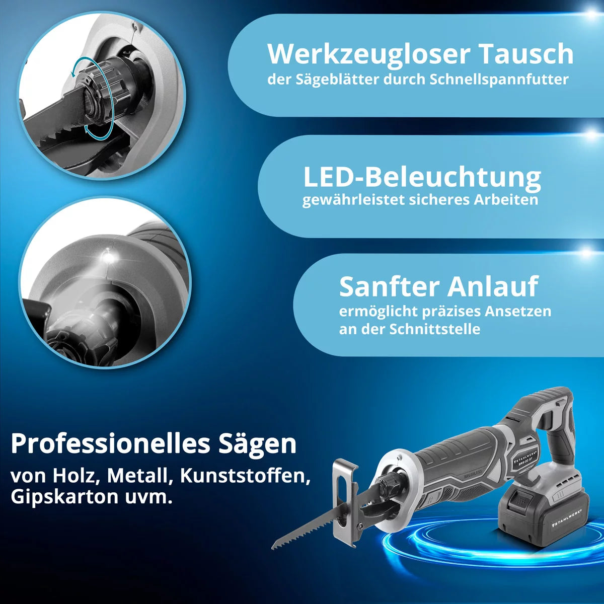 STAHLWERK Brushless-Akku-Säbelsäge BRS-20 ST | 20 Volt Universalsäge | 4 Ah Li Ion Akku | 40 Ersatzblätter (20 x Holz, 20 x Metall) | Schnellspannfutter | Hublänge 28 mm | 0-2.600 U/min
