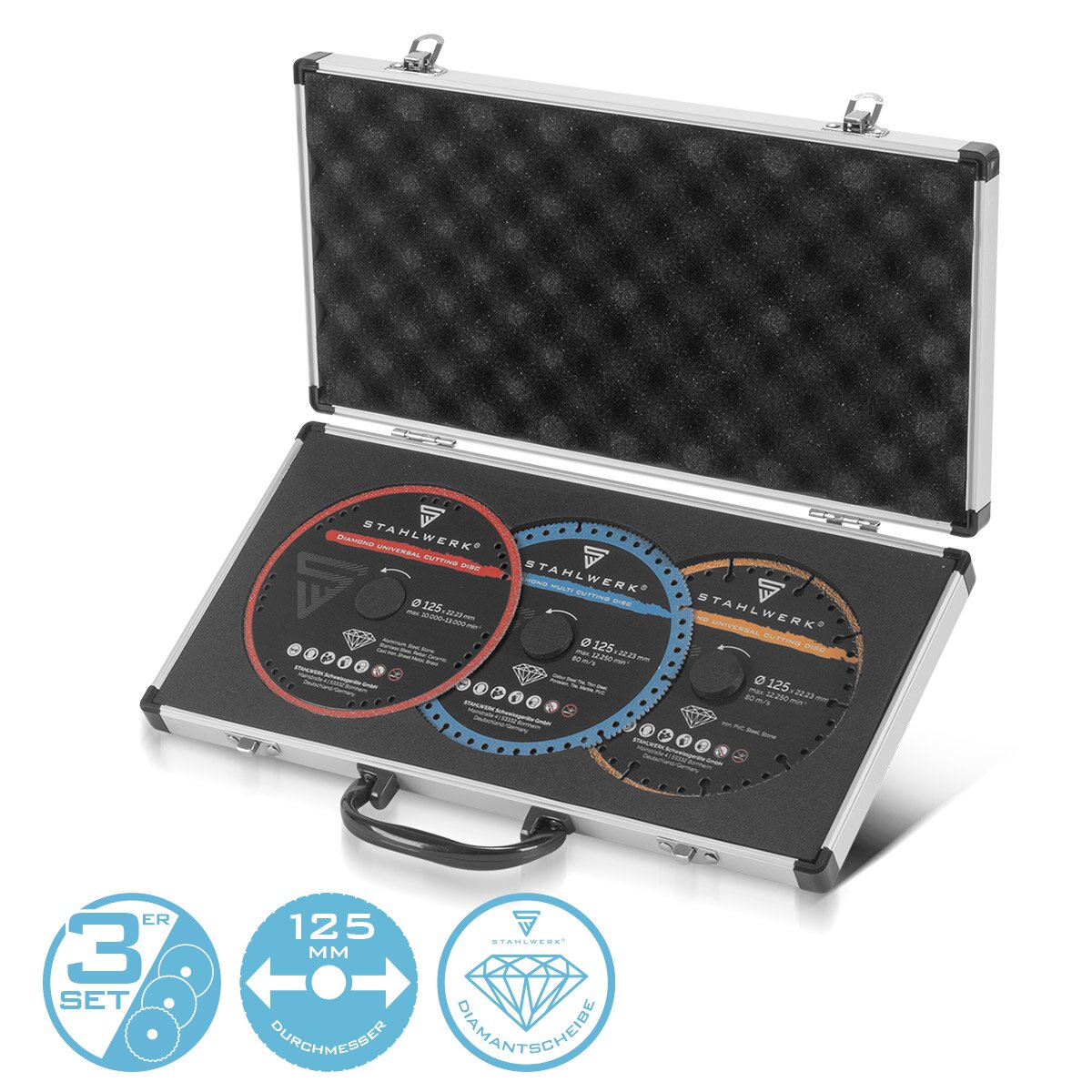 In acciaio dischi di taglio a diamante 3 lama set set per materiali diversi | 125 x 22,23 mm