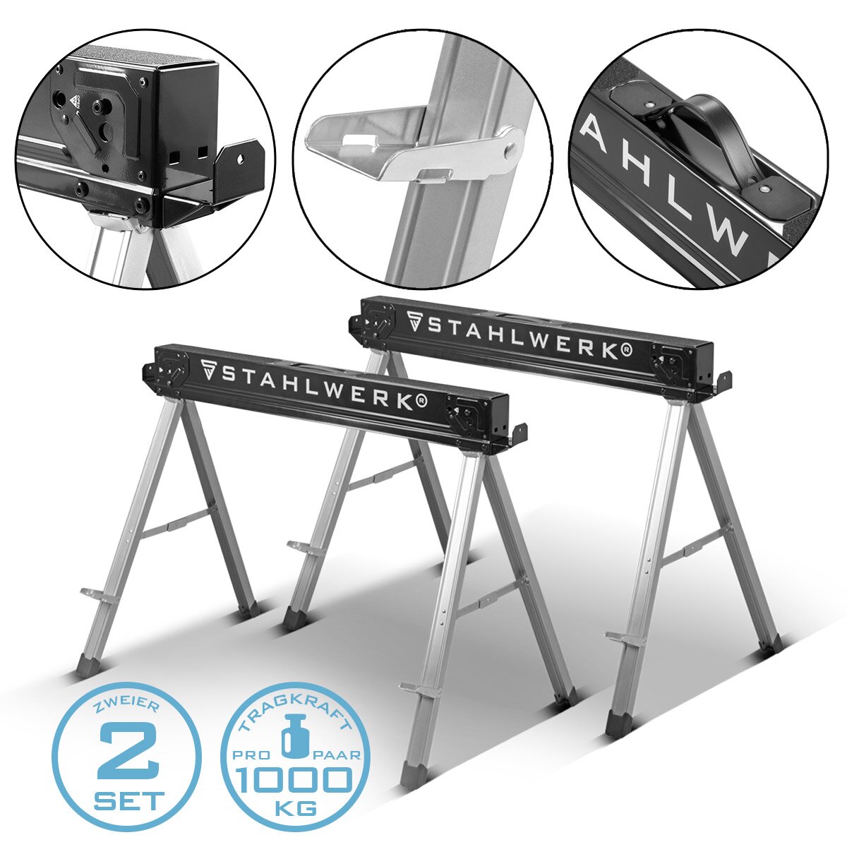 Stahlwerk Sawbock SB-757 ST en la caja de trabajo de metal con recubrimiento en polvo de 2 set | Universal Klappbock | Andamiaje Bock con una capacidad de carga máxima de 500 kg y soporte lateral