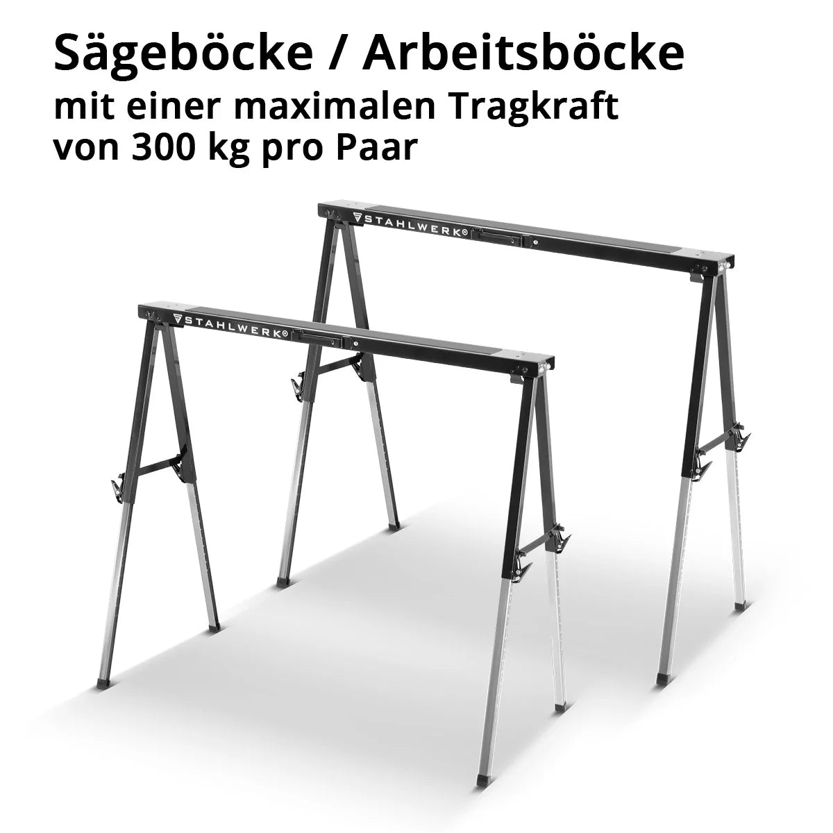 Sägebock SB-910 ST im 2er Set pulverbeschichteter Metall-Arbeitsbock | Universal-Klappbock | Gerüstbock höhenverstellbar von 645 - 910 mm mit 150 kg Tragkraft und rutschhemmender Oberfläche