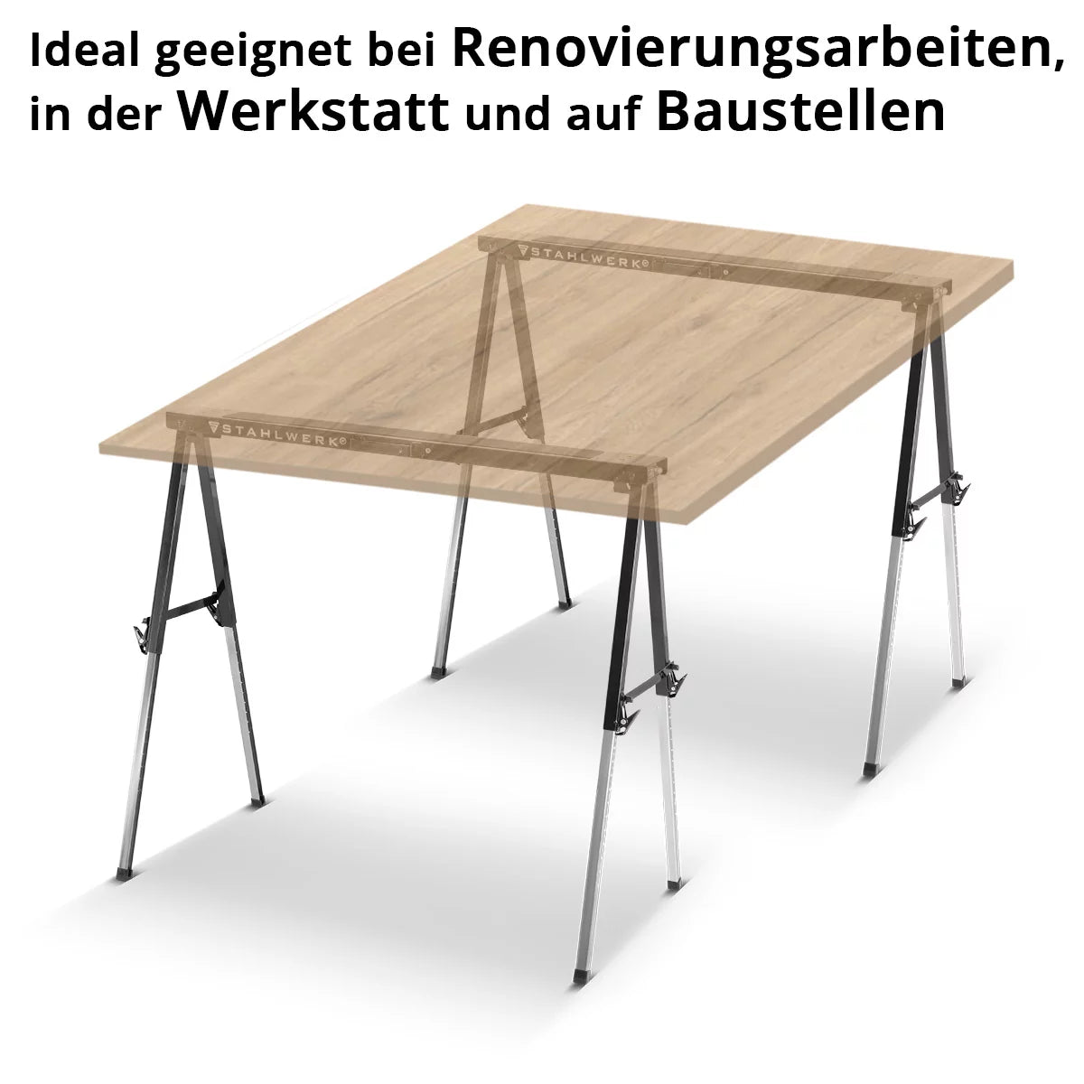 Sägebock SB-910 ST im 2er Set pulverbeschichteter Metall-Arbeitsbock | Universal-Klappbock | Gerüstbock höhenverstellbar von 645 - 910 mm mit 150 kg Tragkraft und rutschhemmender Oberfläche