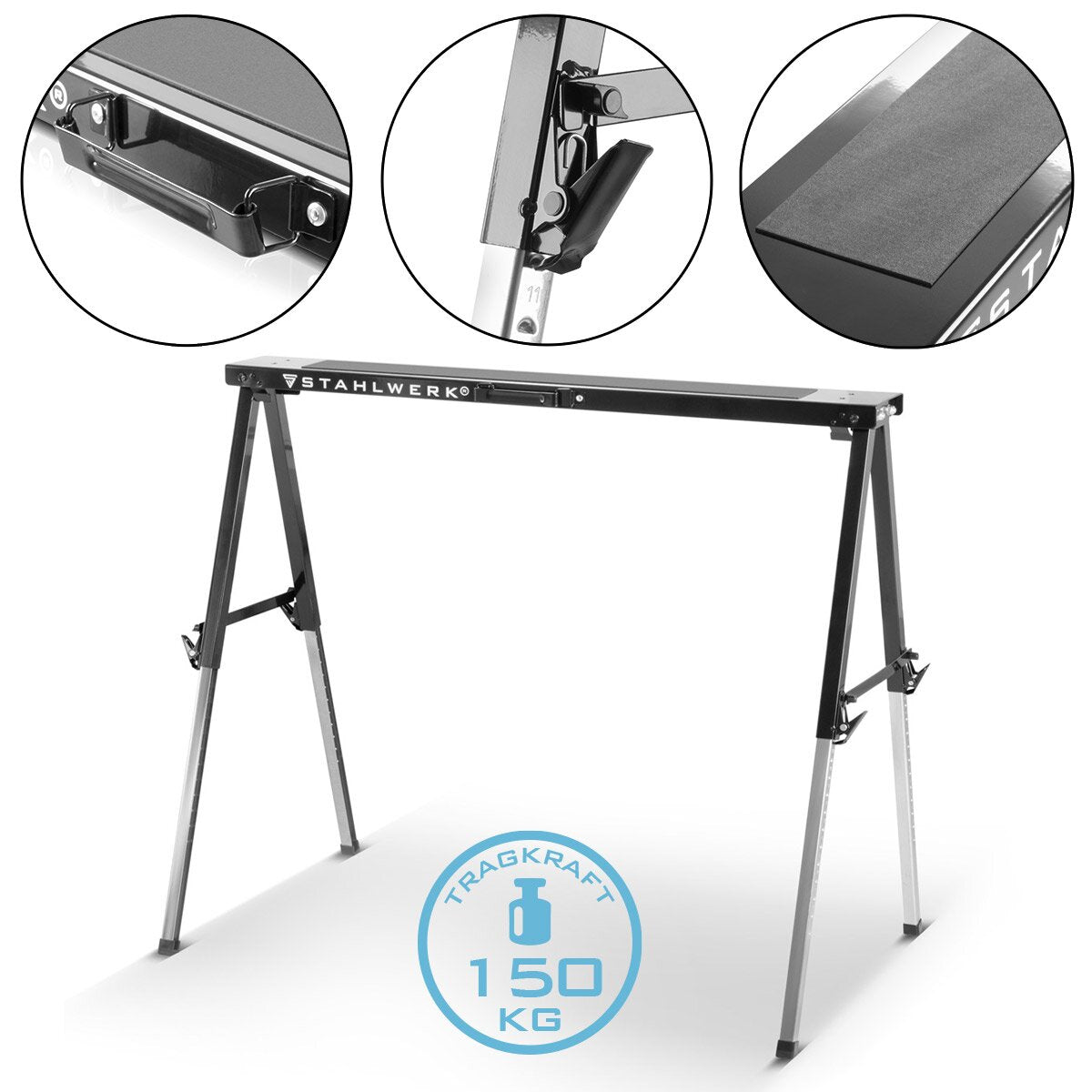Stahlwerk Sawbock SB-910 St Worket Metal Work de trabajo | Universal Klappbock | Piedra restricular ajustable de 645 a 910 mm con 150 kg de capacidad de carga y superficie sinlips