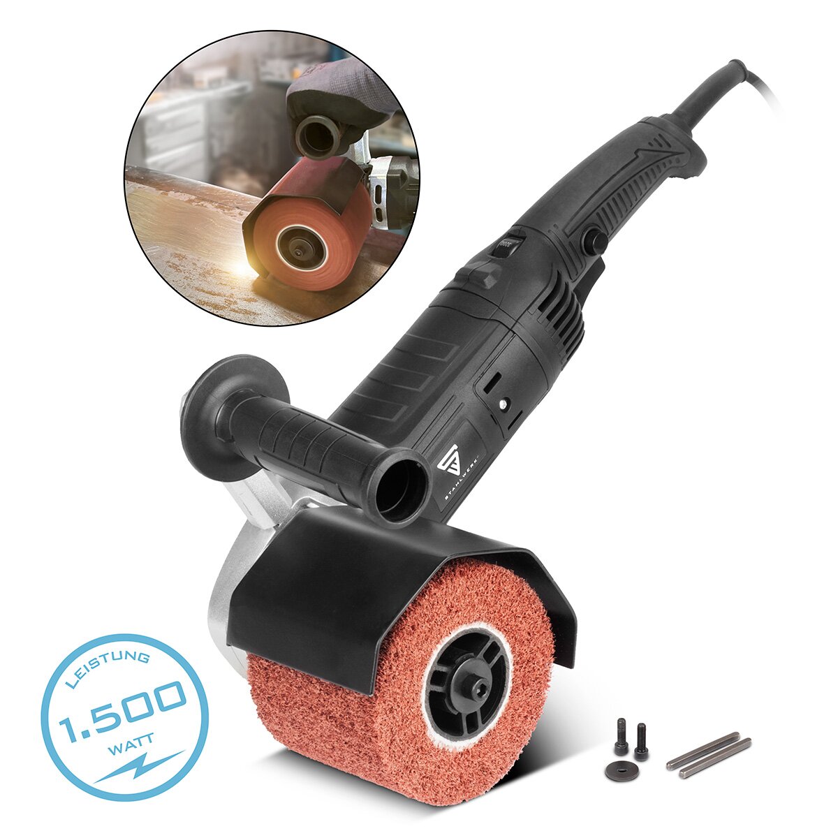 Steelworks satinier SM -1500 ST 1.500 W çıkışı ve 125 mm saten silindir duvarları için 600 - 3.200 rpm ile fırça öğütücü | Roller Taşlama Makinesi | Fırça öğütme cihazı | Brüt