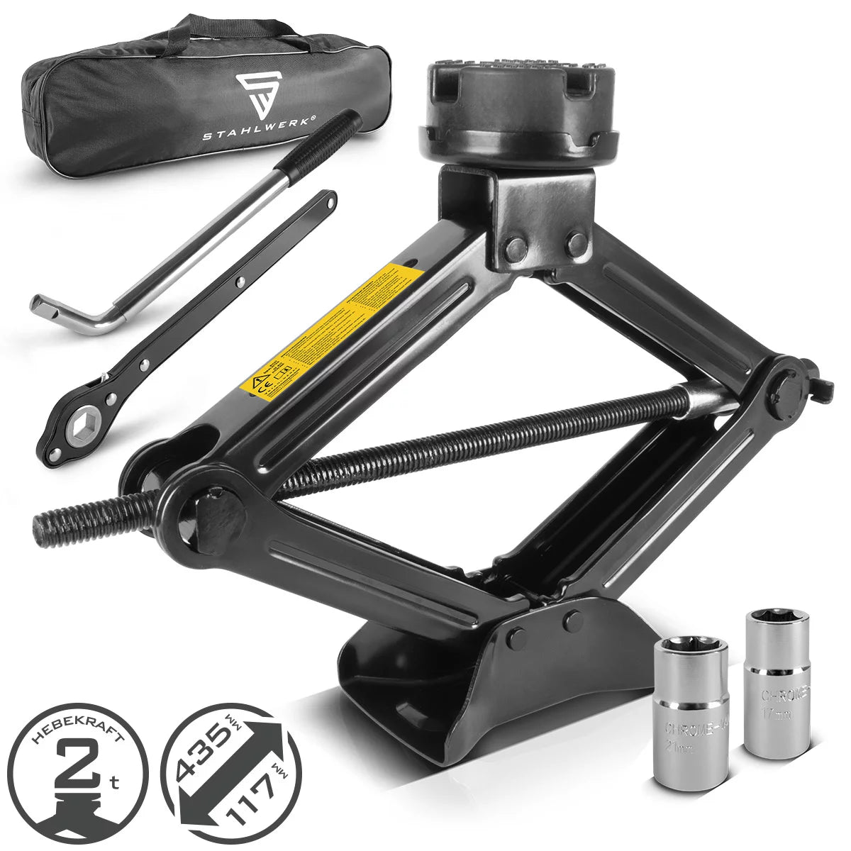 Cric per auto STAHLWERK SWH-2 ST | Martinetto a forbice | Capacità di sollevamento 2 tonnellate | Chiave per dadi ruota telescopica con presa 17, 19 mm | Borsa per il trasporto | Set di cric compatto per cambio gomme e officina