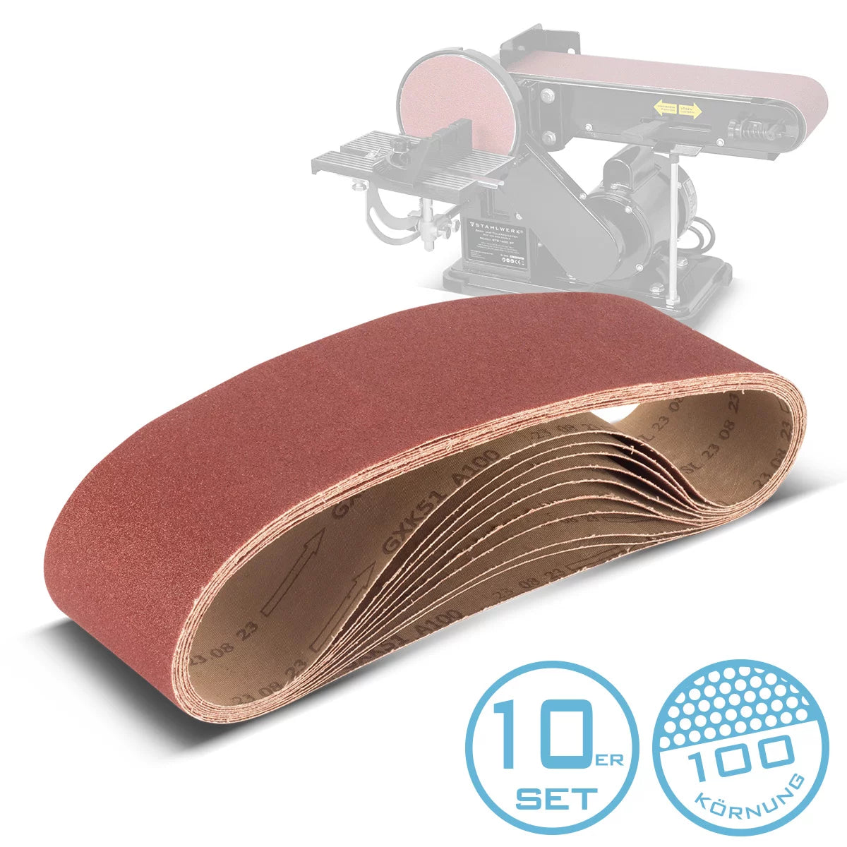 Cinta de molienda de acero 10 Set 915 x 100 mm con papel de lijado universal granulado K100 | Capas de tierra | Agente de molienda para molinillo de cinta y dispositivos de molienda