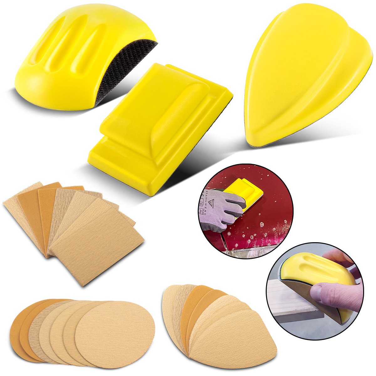 Steelworks El Taşlama Bloğu 3 Set P80 | P100 | P120 | P150 | P180 | P240 | P320 Tahıl, Taşlama Bloğu | Zemin Sünger | Öğütme pedi | Terlik | Velcro taşlama ajanı ile PU köpükten yapılmış el değirmeni