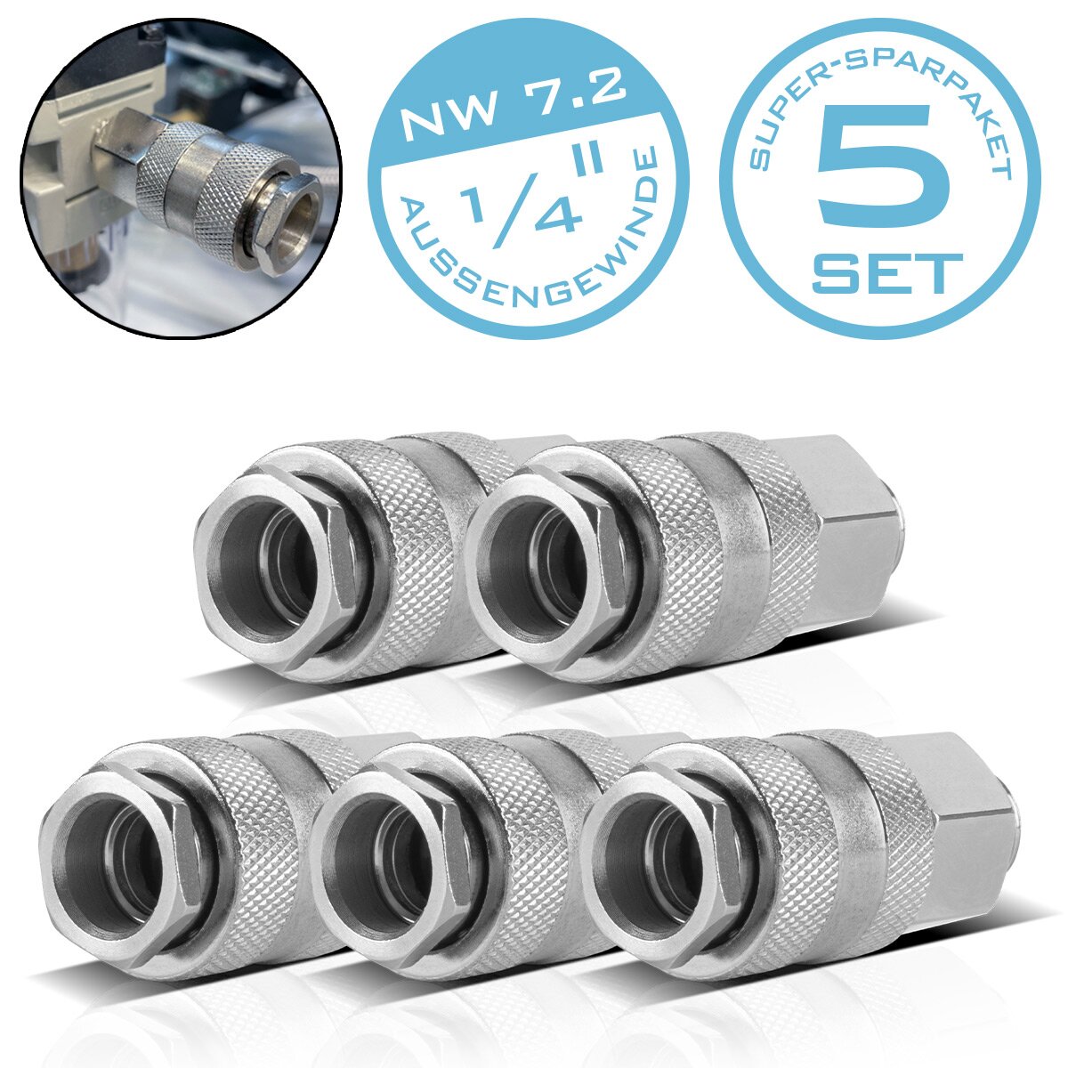 STAHLWERK 5er Set Druckluft-Schnellkupplung NW 7.2 mit 1/4 Zoll Außengewinde, Kupplung | Stecker | Adapter | Zubehör für Druckluft-Kompressoren