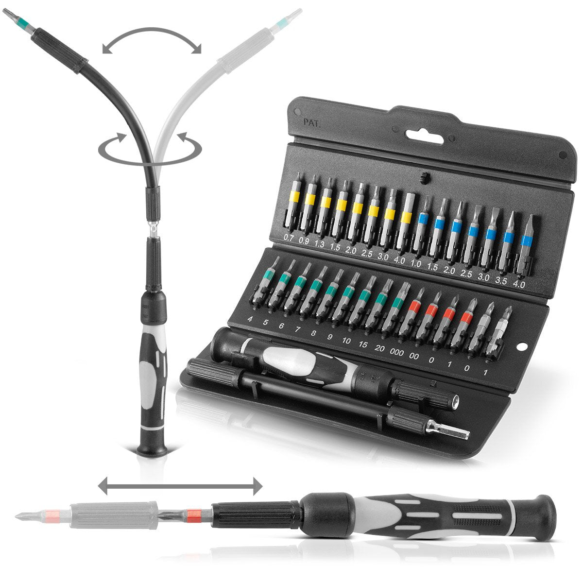 Steelworks 32 parçalı hassas tornavida ve esnek uzantı ve teleskopik saplı krom vanadyumdan yapılmış bit seti