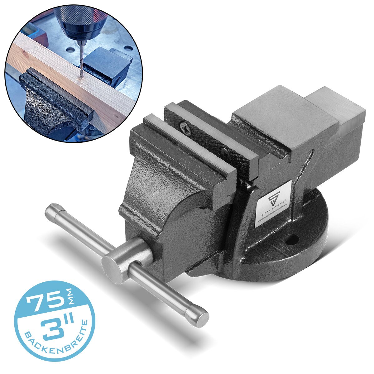 Steelworks VICE BV-75 ST Hecho de hierro fundido con un tramo de 75 mm, Machine Vice | Workbench Vice | Dispositivo de tensión | Vicio paralelo | Tabla Vice con yunque