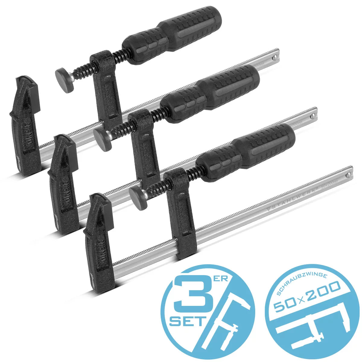 Steelworks 3 X CLAMP VITE 50x200 mm | potente morsetto di serraggio in acciaio e plastica | F-Zwinge per il fissaggio dei pezzi | Composto stabile con campata di 200 mm, profondità di serraggio 50 mm