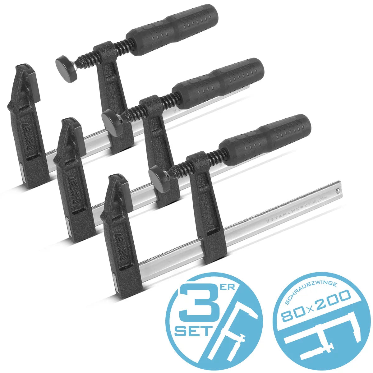 SCAEDATURA 3 X CLAMP VITE 80x200 mm | potente morsetto di serraggio in acciaio e plastica | F-Zwinge per il fissaggio dei pezzi | Composto stabile con campata di 200 mm, profondità di serraggio 80 mm