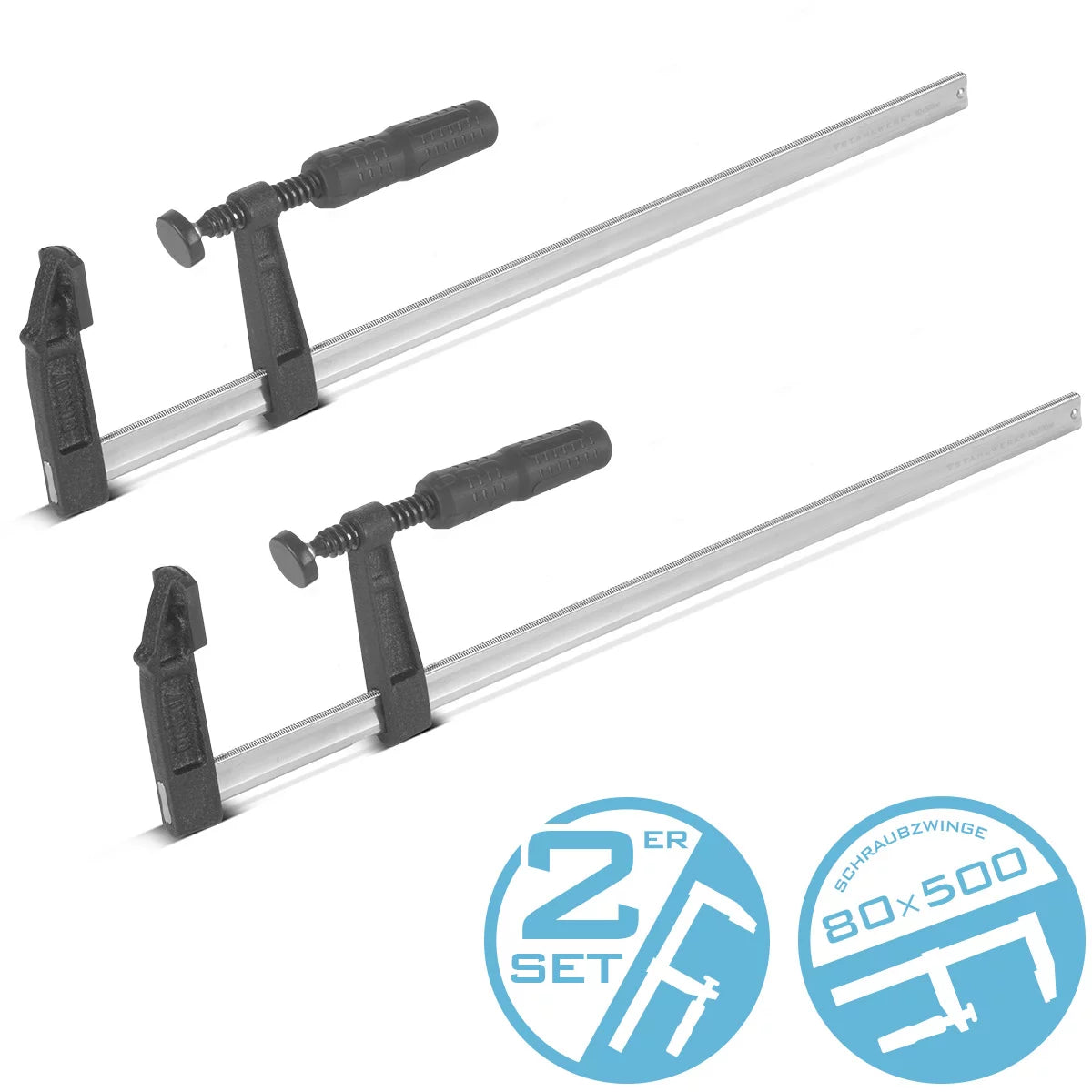 FORMAZIONE A VITE AGGIORNAGGIO 80x500 mm 2 set | potente morsetto di serraggio in acciaio e plastica | F-Zwinge per il fissaggio dei pezzi | Marishing stabile con campata di 500 mm, profondità di serraggio 80 mm