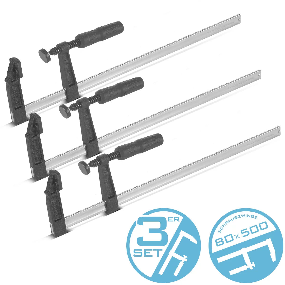 Steelworks 3 X CLAMP a vite 80x500 mm | potente morsetto di serraggio in acciaio e plastica | F-Zwinge per il fissaggio dei pezzi | Marishing stabile con campata di 500 mm, profondità di serraggio 80 mm