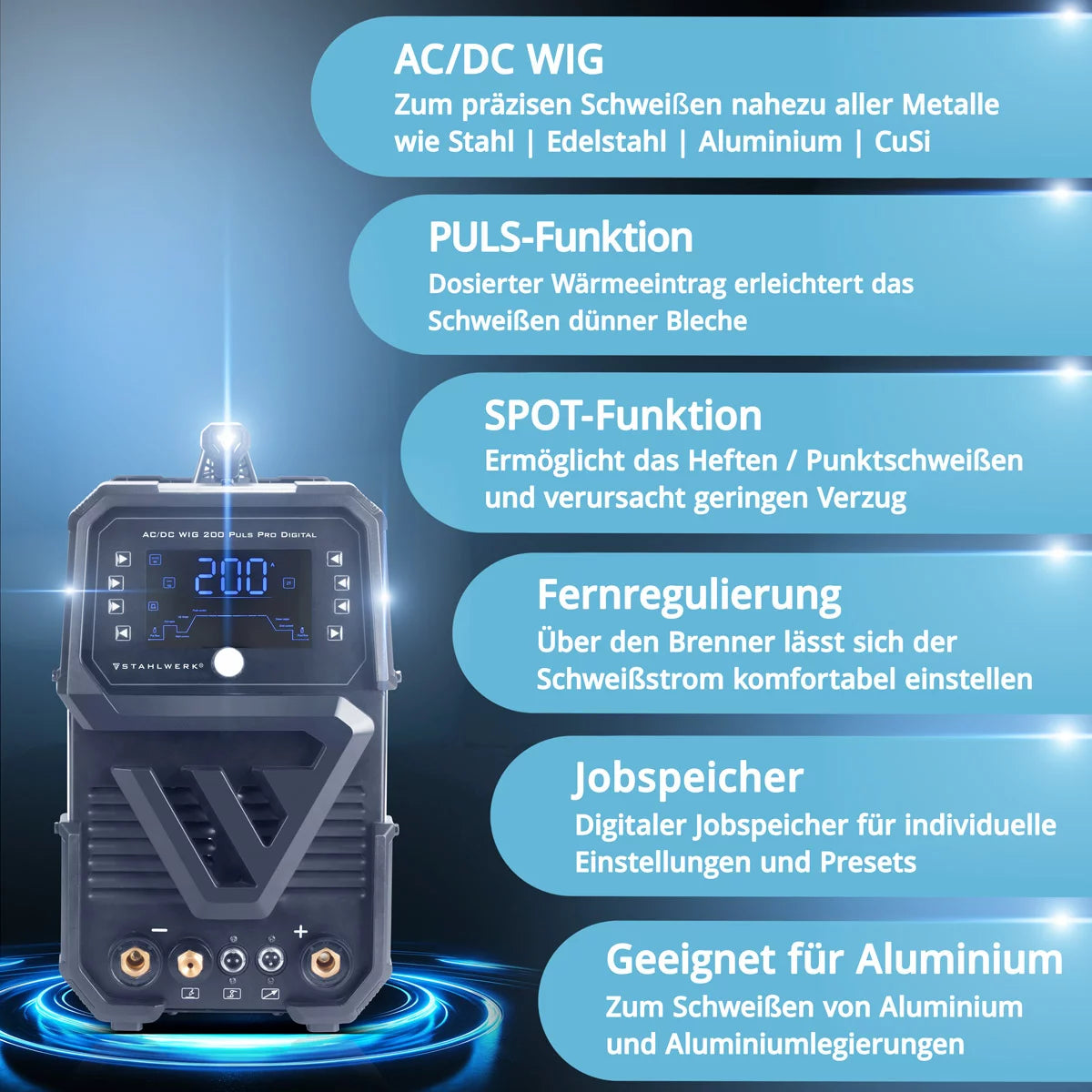 STAHLWERK Schutzgas-Schweißgerät AC/DC WIG 200 Puls Pro Digital Vollausstattung IGBT Inverter mit 200 Ampere, ARC/MMA Funktion, Job-Speicher, Puls-und Spot-Funktion, geeignet für Alu und Dünnblech