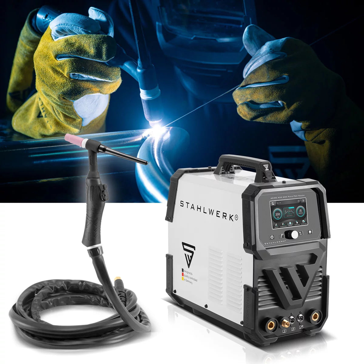STAHLWERK Schutzgas-Schweißgerät AC/DC WIG 200 Puls Pro Touch Vollausstattung | IGBT-Inverter mit 200 Ampere | ARC/MMA Funktion | Job-Speicher | Puls-und Spot-Funktion geeignet für Alu und Dünnblech