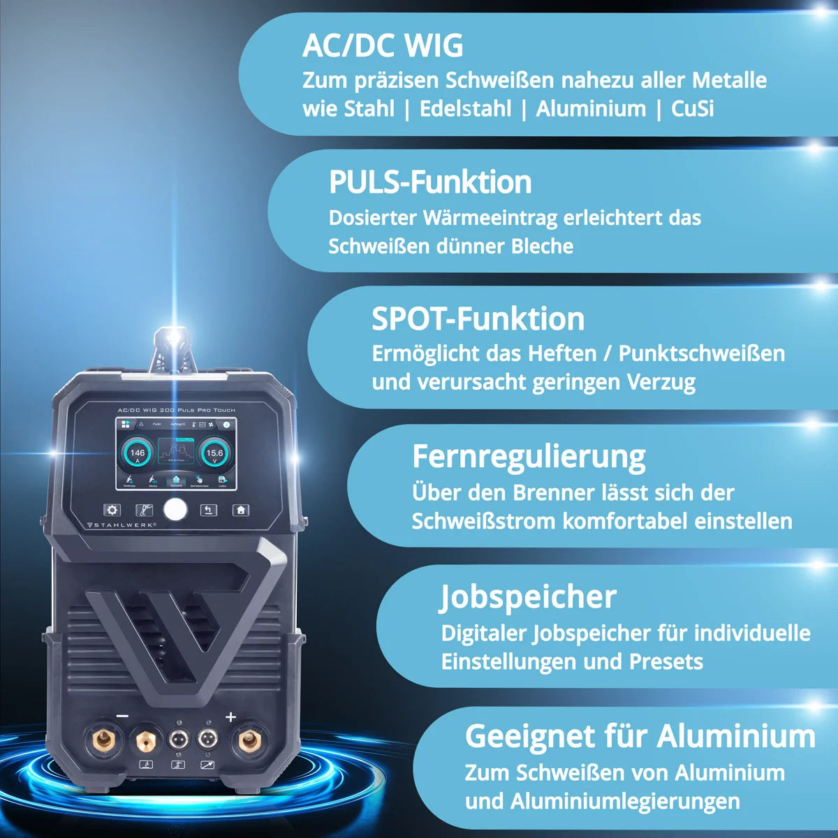 STAHLWERK Schutzgas-Schweissgerät AC/DC WIG 200 Puls Pro Touch Vollausstattung | IGBT-Inverter mit 200 Ampere | ARC/MMA Funktion | Job-Speicher | Puls-und Spot-Funktion geeignet für Alu und Dünnblech