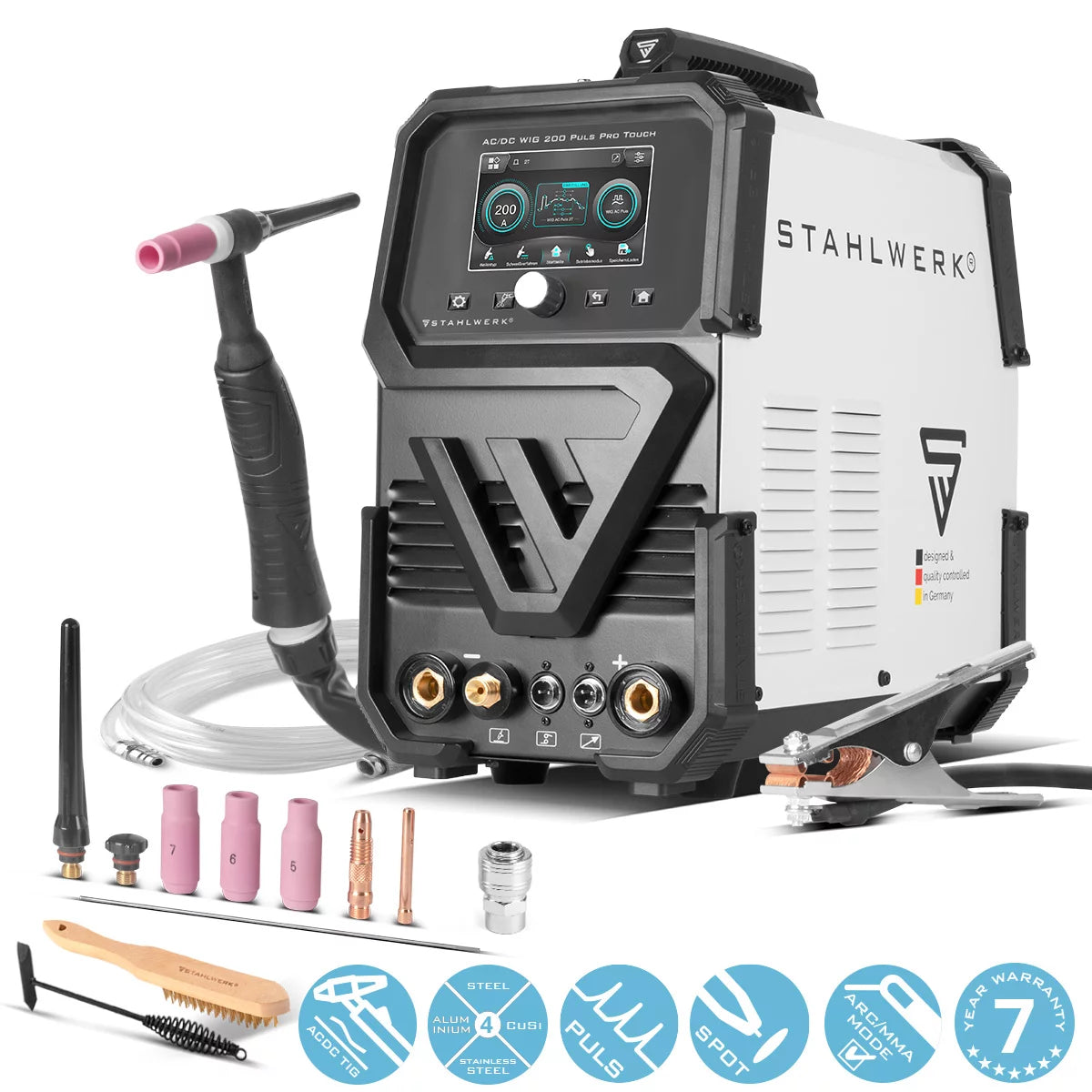 Steelworks Koruyucu Gaz Kaynak Cihazı AC/DC WIG 200 Puls Pro Touch | 200 amper ile IGBT inverter | ARC/MMA FONKSİYONU | İş Bellek | Alüminyum ve ince tabaka için uygun nabız ve spot fonksiyonu