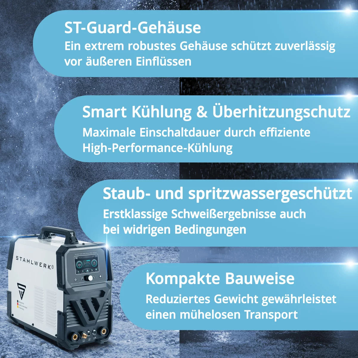 Dispositif de soudage de gaz de protection en acier AC / DC Wig 200 Puls Pro Touch | Onduleur IGBT avec 200 ampères | Fonction ARC / MMA | Mémoire de travail | Fonction d'impulsion et de spot adaptée à l'aluminium et à la feuille mince