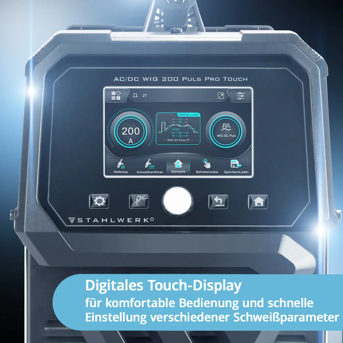 Dispositif de soudage de gaz de protection en acier AC / DC Wig 200 Puls Pro Touch | Onduleur IGBT avec 200 ampères | Fonction ARC / MMA | Mémoire de travail | Fonction d'impulsion et de spot adaptée à l'aluminium et à la feuille mince