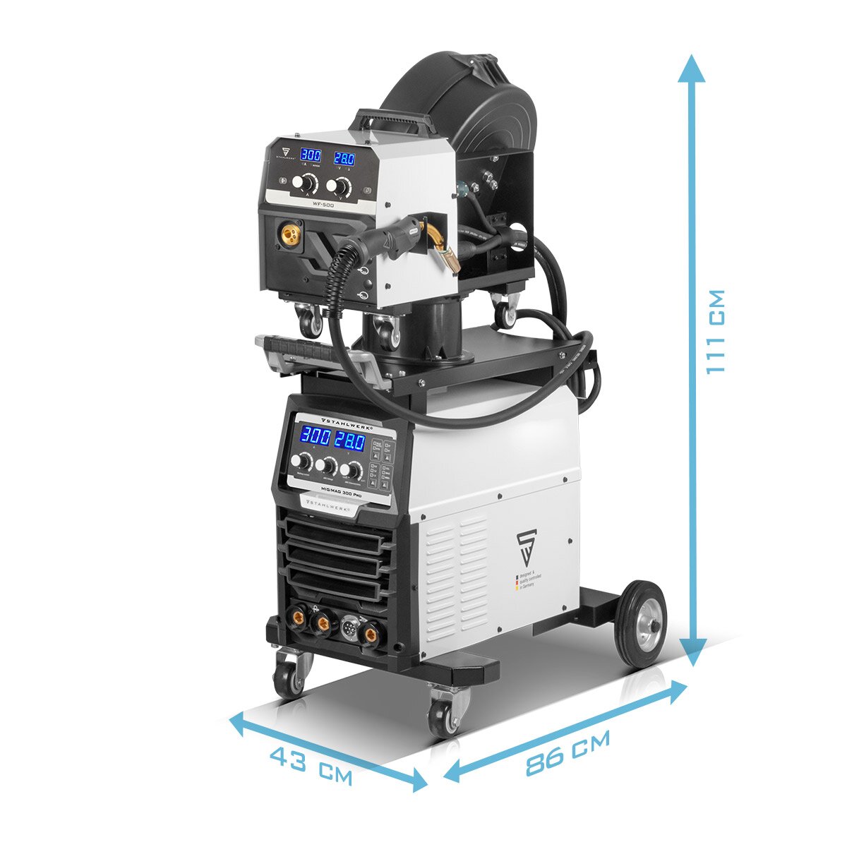 STAHLWERK Schweißgerät MIG MAG 300 Pro Vollausstattung Vollsynergischer IGBT Inverter mit 300 A und Puls-Funktion 3-in-1 Kombi-Schweißanlage MIG MAG | MMA | Lift-TIG