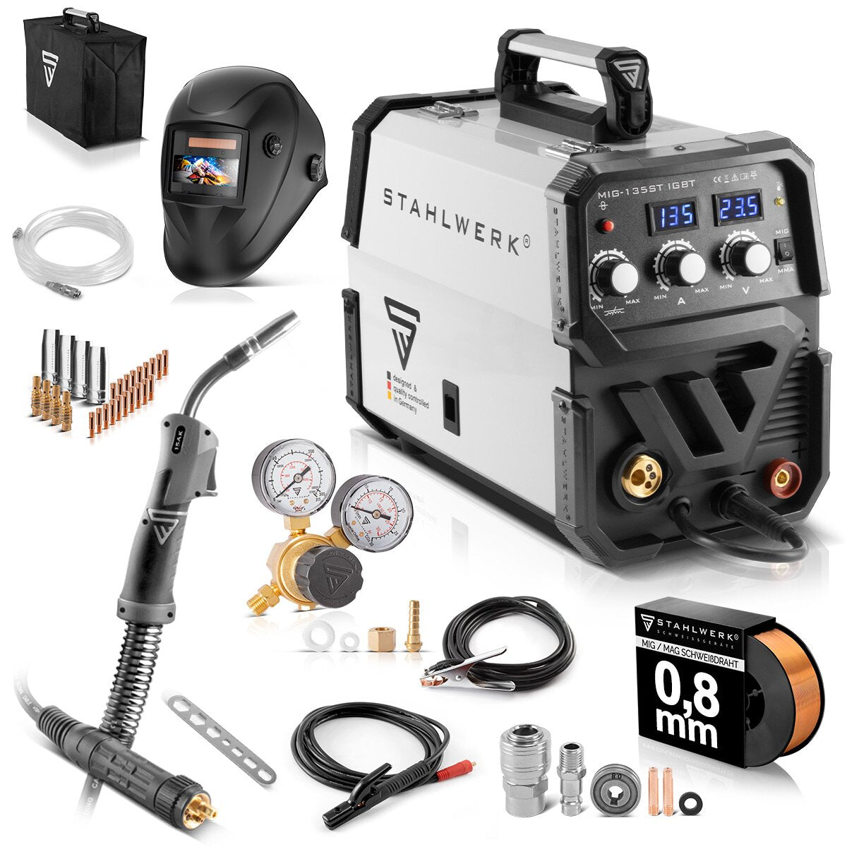 STAHLWERK Schweißgerät MIG MAG 135 ST IGBT Vollausstattung / Schutzgasschweißgerät mit synergischem Drahtvorschub und echten 135 Ampere / Kombi-Schweißgerät