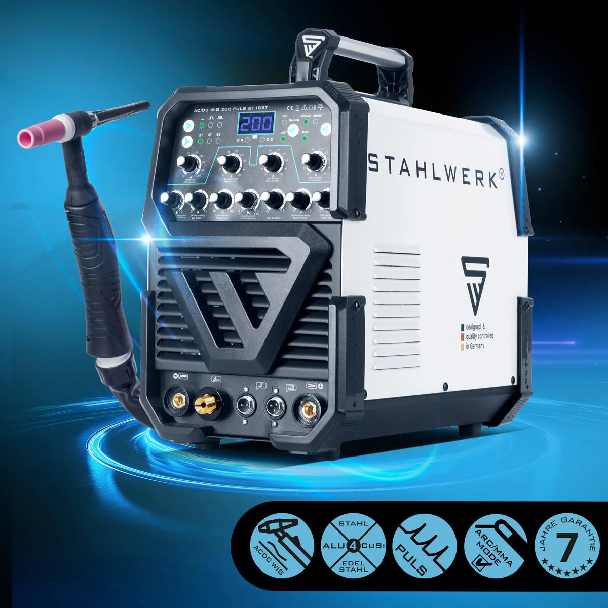 STAHLWERK Schweißgerät AC/DC WIG 200 Puls ST IGBT Vollausstattung / 200 A  WIG & MMA Schweißgerät mit Pulsfunktion / Aluminium Schweißgerät