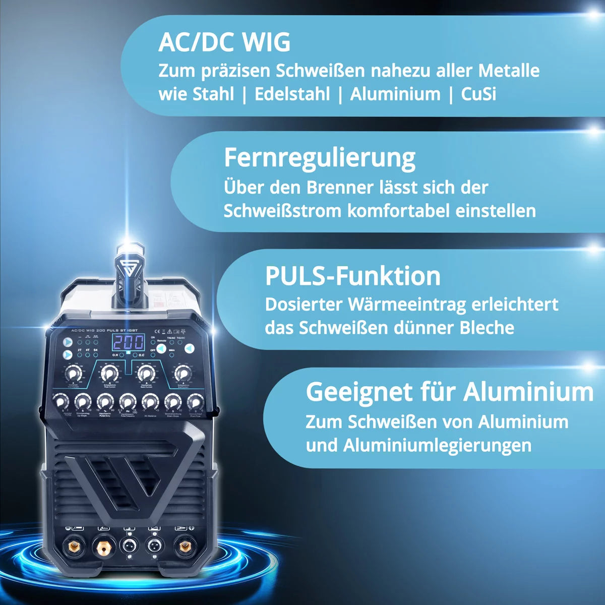 STAHLWERK Schweißgerät AC/DC WIG 200 Puls ST IGBT Vollausstattung / 200 A WIG & MMA Schweißgerät mit Pulsfunktion / Aluminium Schweißgerät