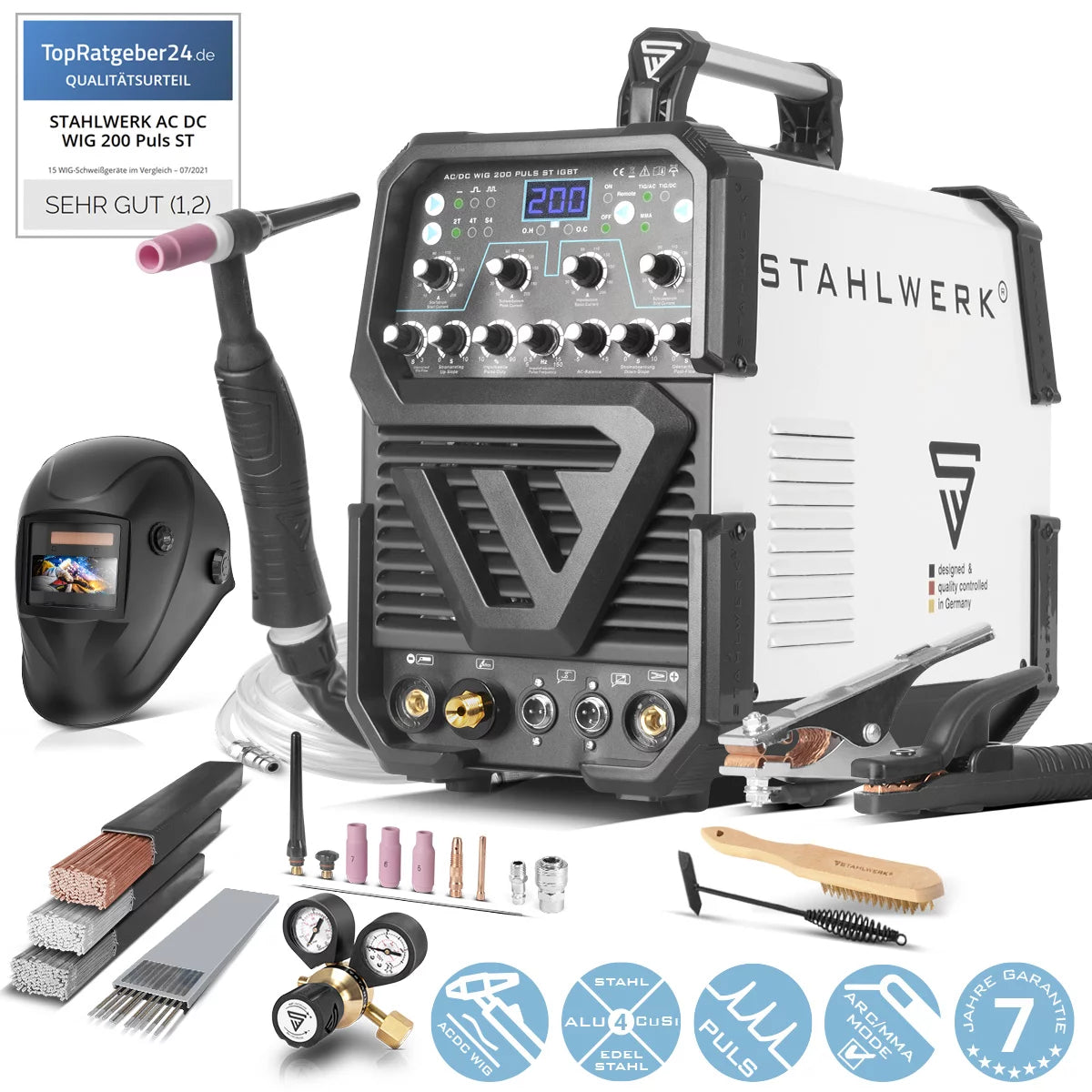 STAHLWERK Schweißgerät AC/DC WIG 200 Puls ST IGBT Vollausstattung / 200 A  WIG & MMA Schweißgerät mit Pulsfunktion / Aluminium Schweißgerät